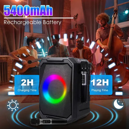 Portable Wireless Party Speaker With LED Light 2 Wireless Mics Remote
