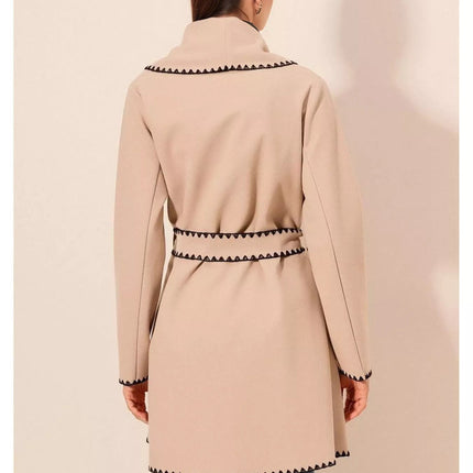 Contrast Trim Tie Waist Outerwear