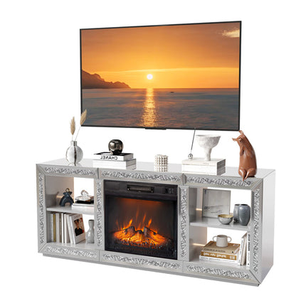 Silver Mirror Modern TV Stand With 18 Inch Fireplace Insert & Storage