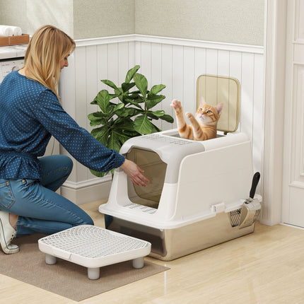 Extra Large Stainless Steel Litter Box, Enclosed Cat Litter Box with
