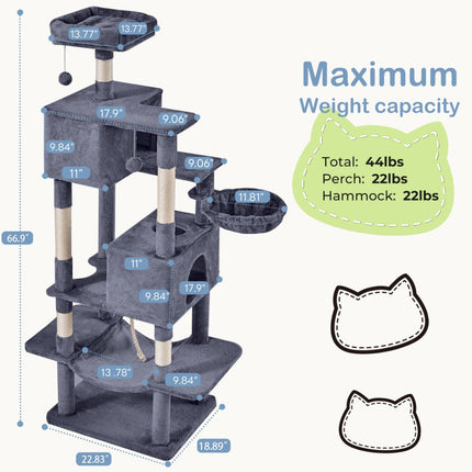 66 Inch Cat Tree Tower, Large Multi-Cat Climbing Extended Platform,