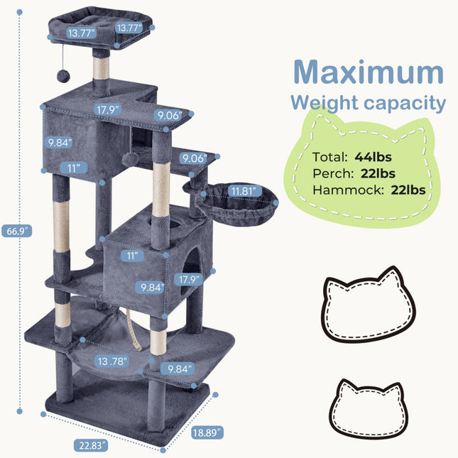 66 Inch Cat Tree Tower, Large Multi-Cat Climbing Extended Platform,