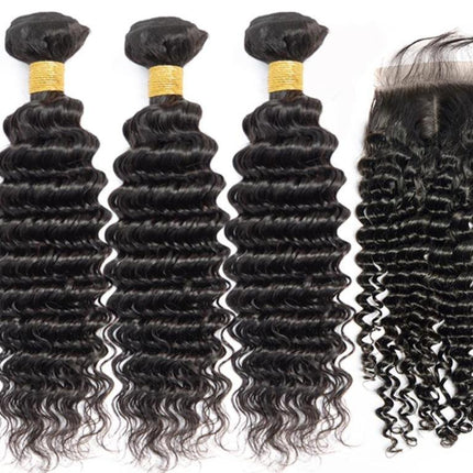 10A Grade 3/4 Deep Wave Human Hair bundles with 4x4 Closures & 13x4 Fr