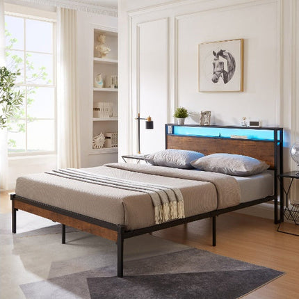 Queen Size Metal Platform Bed Frame With Wooden Headboard And