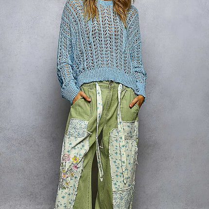 POL Openwork Round Neck High Low Knit Top