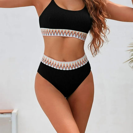 Textured Contrast Banding Bikini High Waist 2pcs Swimsuit