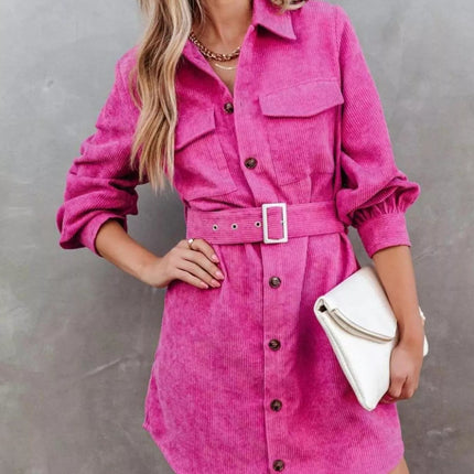Stylish Button Front Belt Long Sleeve : Corduroy Dress