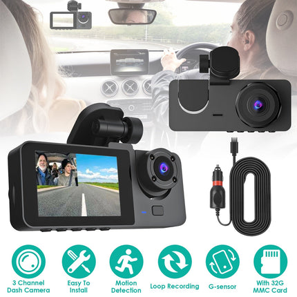 3 Channel Dash Cam Front Inside Rear Vehicle Driving Recorder Car DVR