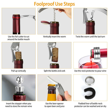 3Pcs Corkscrew Bottle Opener Set Tool Foil Cutter Drip Collar