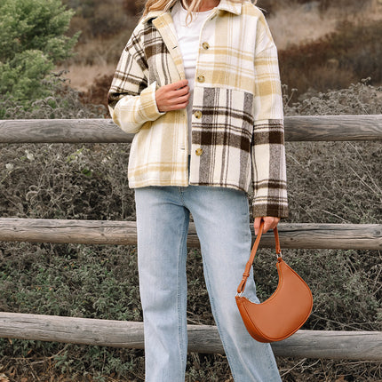 Plaid Patchwork Side Pocket Button-Up Shacket