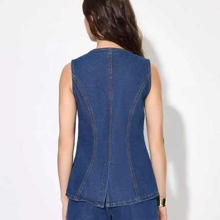 Button Up Sleeveless Denim Top and Shorts Set