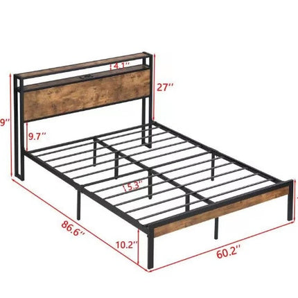 Queen Size Metal Platform Bed Frame With Wooden Headboard And
