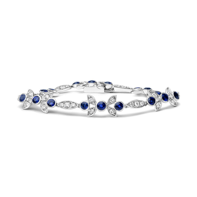 18K White Gold 1 3/4 Cttw Diamond and 3x3mm Round Blue Sapphire