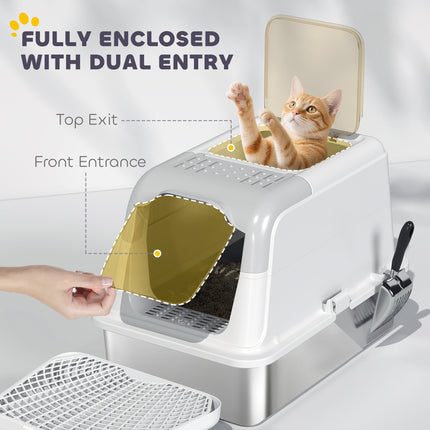 Extra Large Stainless Steel Litter Box, Enclosed Cat Litter Box with