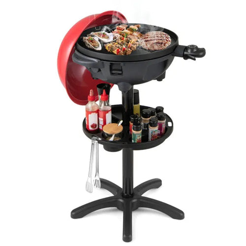 Red 1200W Electric BBQ Grill With Double-Zone Cooking, 2-in-1