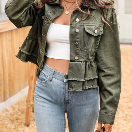 Ruffle Raw Hem Denim Jacket