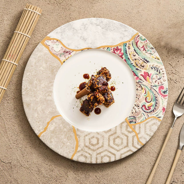 Silk Mosaic Porcelain Dinner Plate 11.25" Gold-Rimmed Kintsugi Style