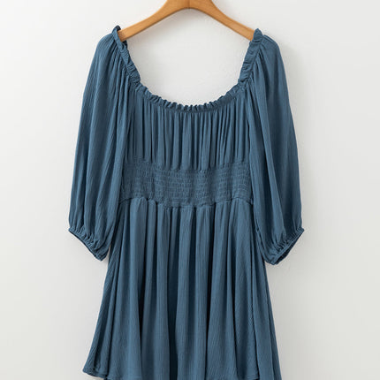 Solid Ruched Frilled Neck 3/4 Sleeve Dress