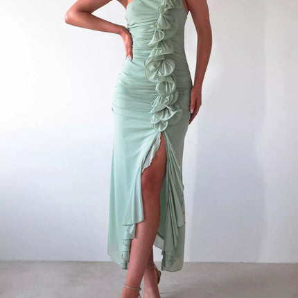 Stylish One-Shoulder Ruffle : Slit Dress