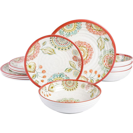 Laurie Gates Brick Floral Ripple 12 Piece Melamine Dinnerware Set in