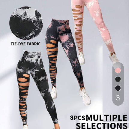 3 Pack Women's Tie Dye Cutout Tights High Waist Workout Yoga Leggings,