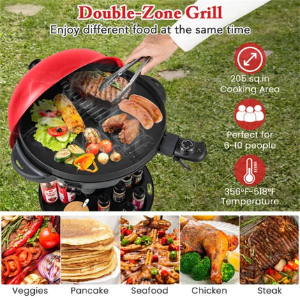 Red 1200W Electric BBQ Grill With Double-Zone Cooking, 2-in-1