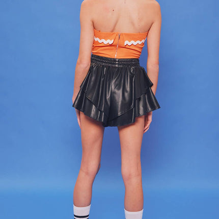 [Size S-L] Drawstring Waisted Tiered Ruffle Faux Leather Shorts Skort
