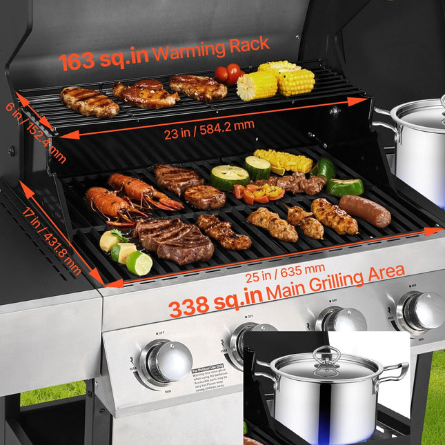 Gas Grill, 4 Burner Propane Gas Grill With Side Burner, 425 SQ.In