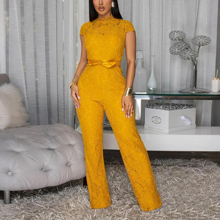 Round Neck Short Sleeve Lace Jumpsuit Wide Leg Pants Women Solid Color