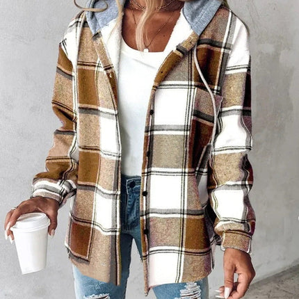 Plaid Hooded Jacket Fashion Casual Button Pocket Coat Autumn And