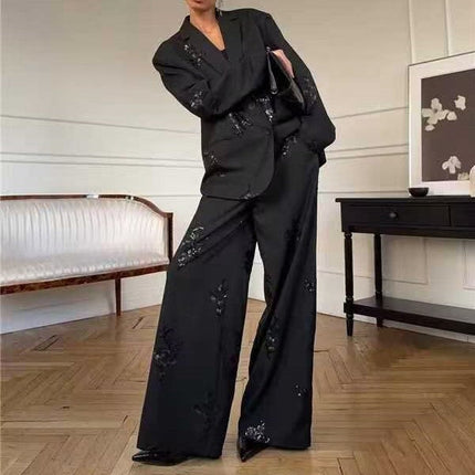 Spring Women Clothing Embroidered Sequ Striped Work Pant Two Piece