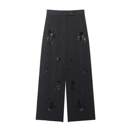 Spring Women Clothing Embroidered Sequ Striped Work Pant Two Piece