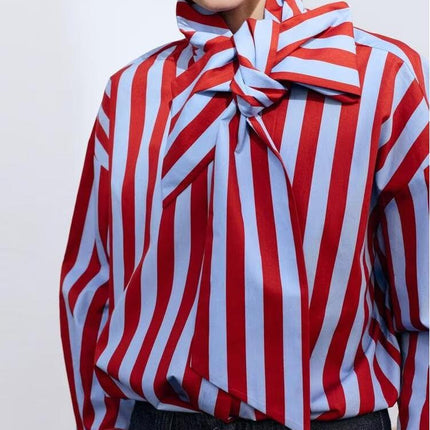 Women Clothing Spring Casual Minimalist Bowknot Contrast Color Striped