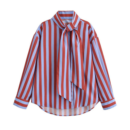 Women Clothing Spring Casual Minimalist Bowknot Contrast Color Striped