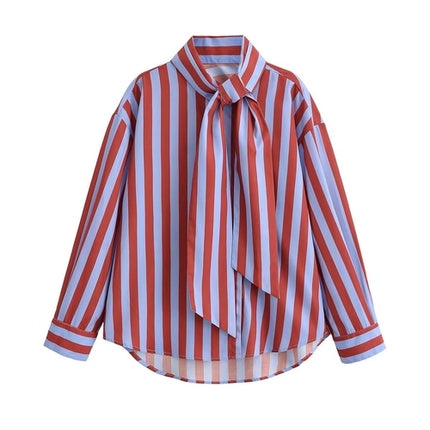 Women Clothing Spring Casual Minimalist Bowknot Contrast Color Striped