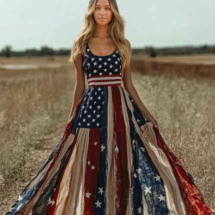 Flag Element Bohemian Suspender Maxi Dress .Ships from overseas.