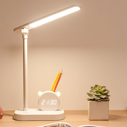 LED Eye Protection Desk Lamp Pen Holder With Clock