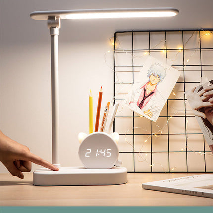 LED Eye Protection Desk Lamp Pen Holder With Clock