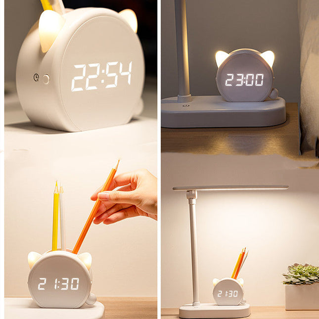 LED Eye Protection Desk Lamp Pen Holder With Clock