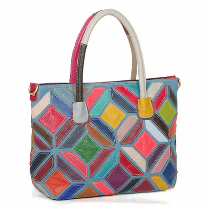 European American Style Colorful Leather Stitching Handbag