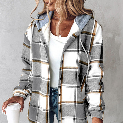 Plaid Hooded Jacket Fashion Casual Button Pocket Coat Autumn And
