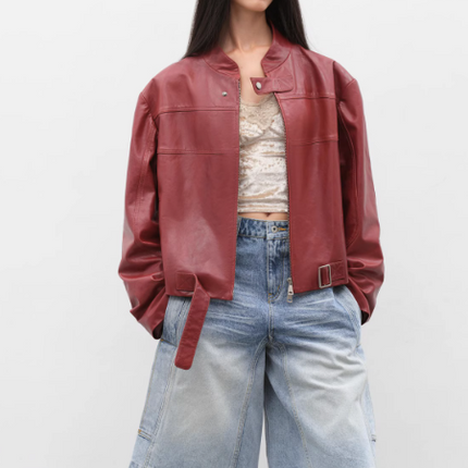 Retro Sheepskin Stand Collar Short Motorcycle Jacket “Caramel