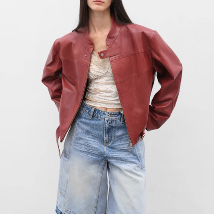 Retro Sheepskin Stand Collar Short Motorcycle Jacket “Caramel
