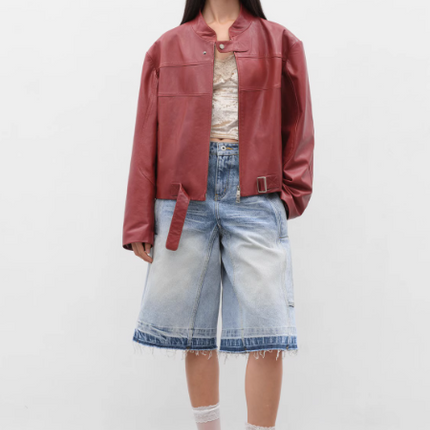 Retro Sheepskin Stand Collar Short Motorcycle Jacket “Caramel
