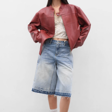 Retro Sheepskin Stand Collar Short Motorcycle Jacket “Caramel