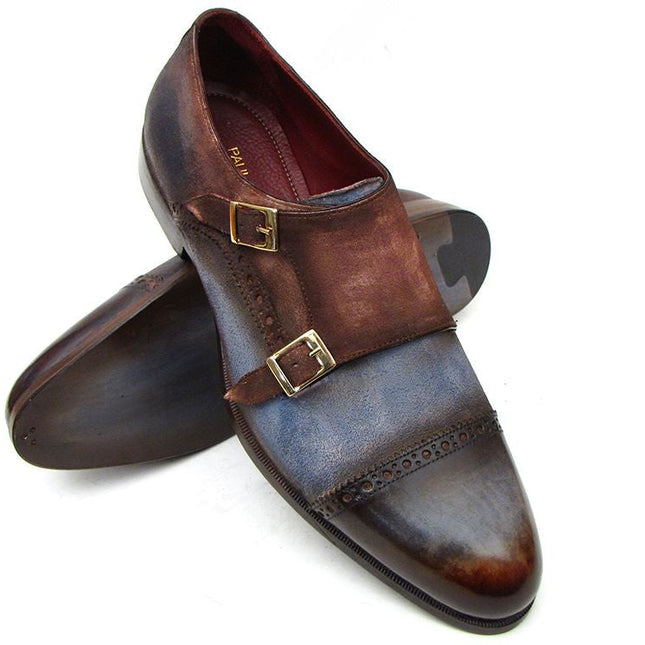 Paul Parkman Captoe Double Monkstrap Antique Blue & Brown Suede