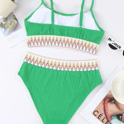 Textured Contrast Banding Bikini High Waist 2pcs Swimsuit