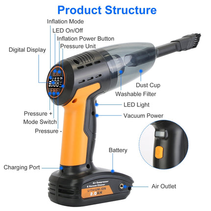 1Pc 4 In 1 Cordless Car Vacuum Cleaner And Tire Inflator With LED