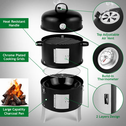 47x41.5x82cm Black, Double-walled, Cylindrical, Smoker, Charcoal Grill