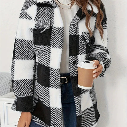 Plaid Button Up Long Sleeve Fuzzy Outerwear